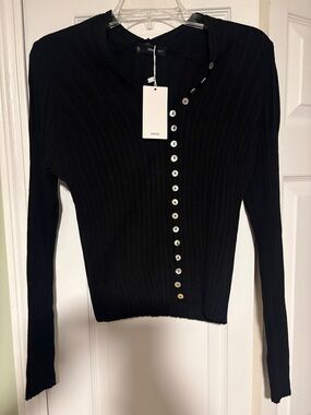 Mango Black Ribbed Button-Down Long Sleeve Top
